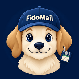 FidoMail logo: a puppy in a navy cap with a floppy disk on its collar